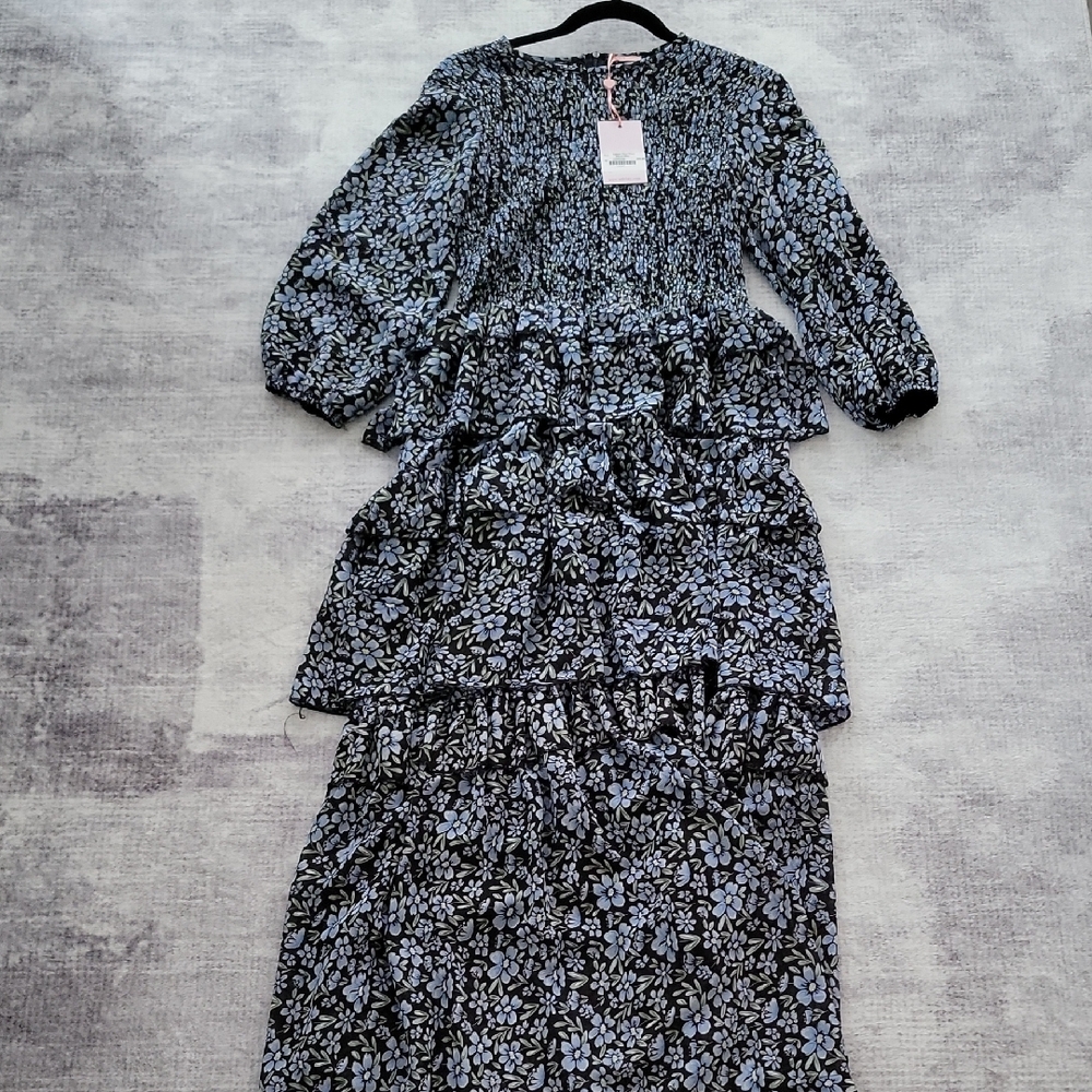 Black and White Tiered Sundress with 3/4 Bishop Sleeves